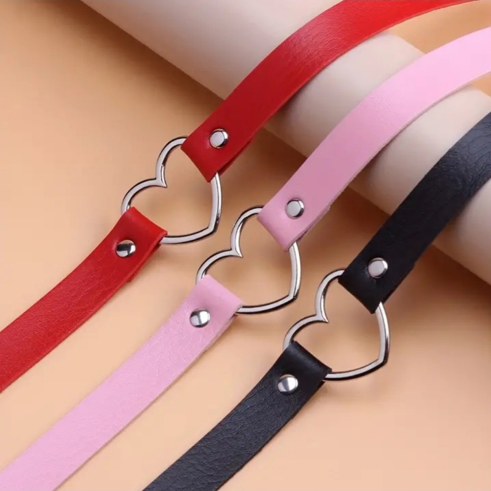 RED, PINK & BLACK - Silver Heart Shaped Choker Necklace / Faux Leather